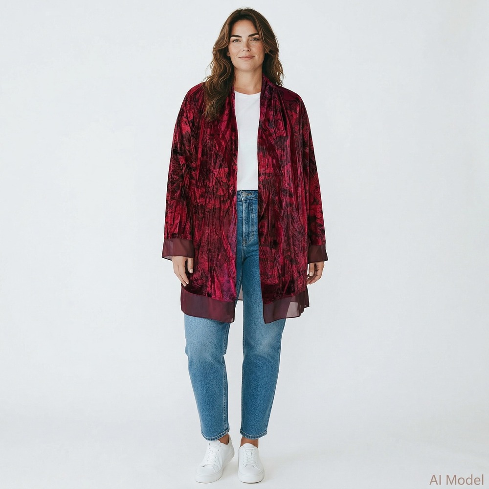 One World Velvet Burnout Cardigan Womens Large Burgundy Floral Open Front Kimono